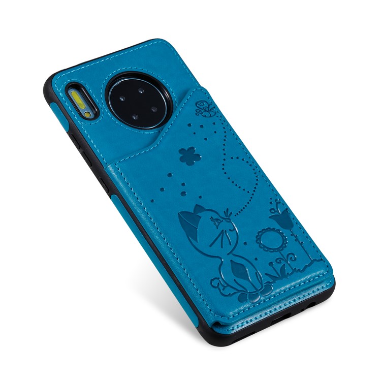 Imprint Cat and Bee Kickstand Card Holder PU Leather Coated TPU Cell Phone Case for Huawei Mate 30 Pro - Blue-22