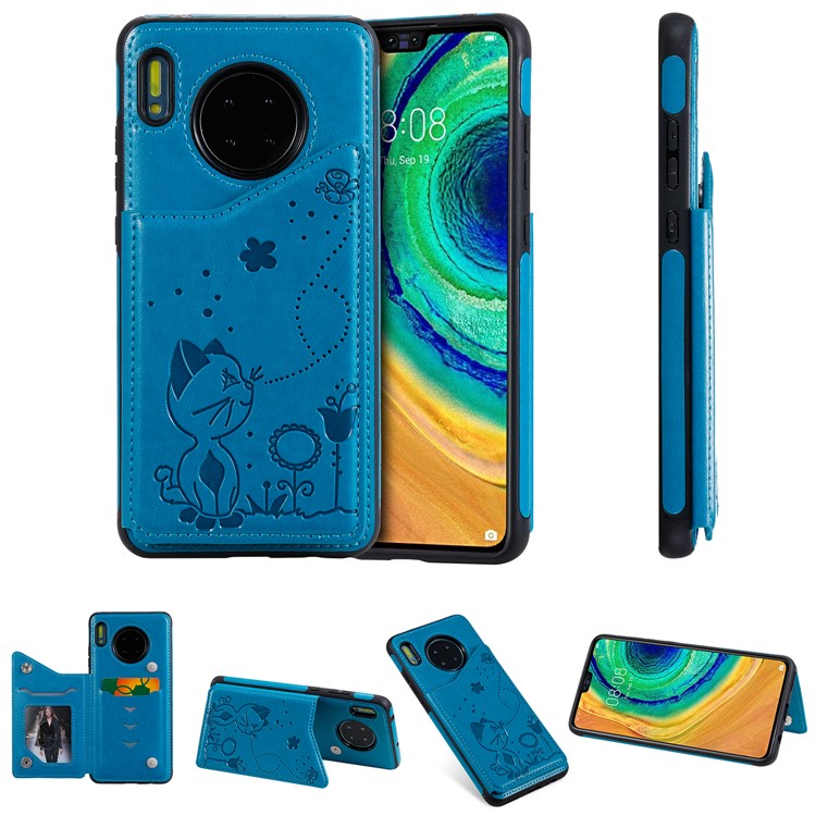 Imprint Cat and Bee Kickstand Card Holder PU Leather Coated TPU Cell Phone Case for Huawei Mate 30 Pro - Blue-23