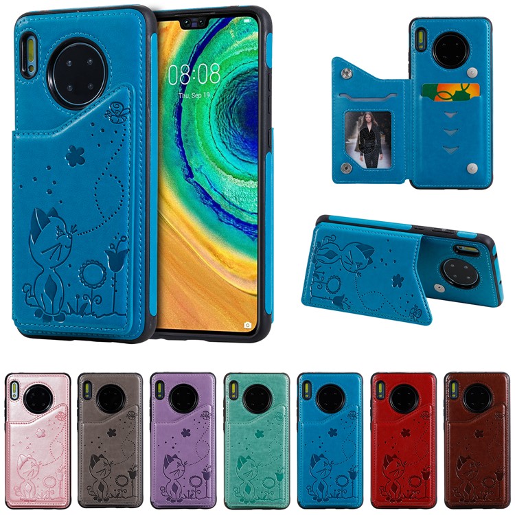 Imprint Cat and Bee Kickstand Card Holder PU Leather Coated TPU Cell Phone Case for Huawei Mate 30 Pro - Blue-24