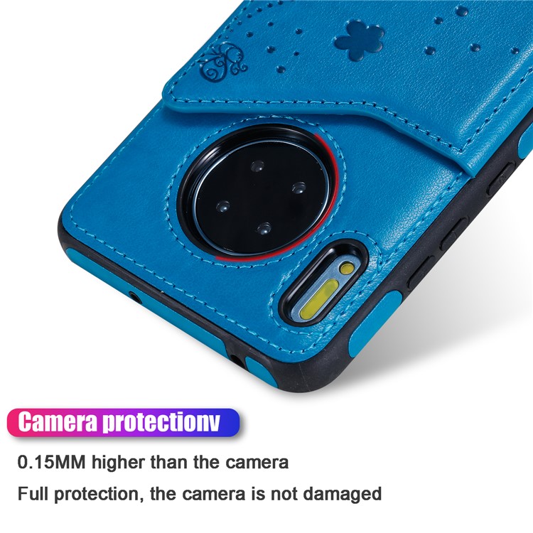 Imprint Cat and Bee Kickstand Card Holder PU Leather Coated TPU Cell Phone Case for Huawei Mate 30 Pro - Blue-6