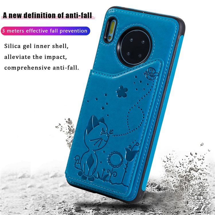 Imprint Cat and Bee Kickstand Card Holder PU Leather Coated TPU Cell Phone Case for Huawei Mate 30 Pro - Blue-8