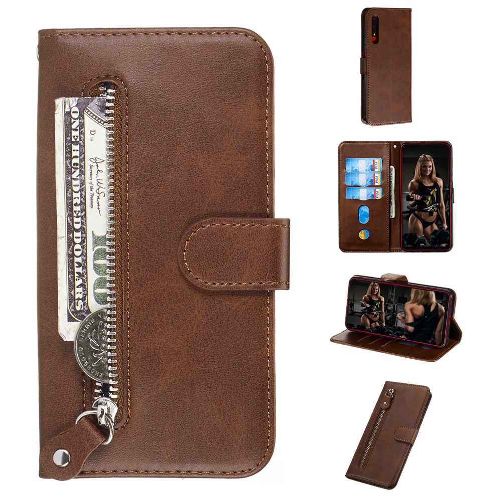 Zipper Pocket Wallet Stand Flip Leather Phone Cover for Huawei Honor 9X Pro/Honor 9X (For China) - Brown-1