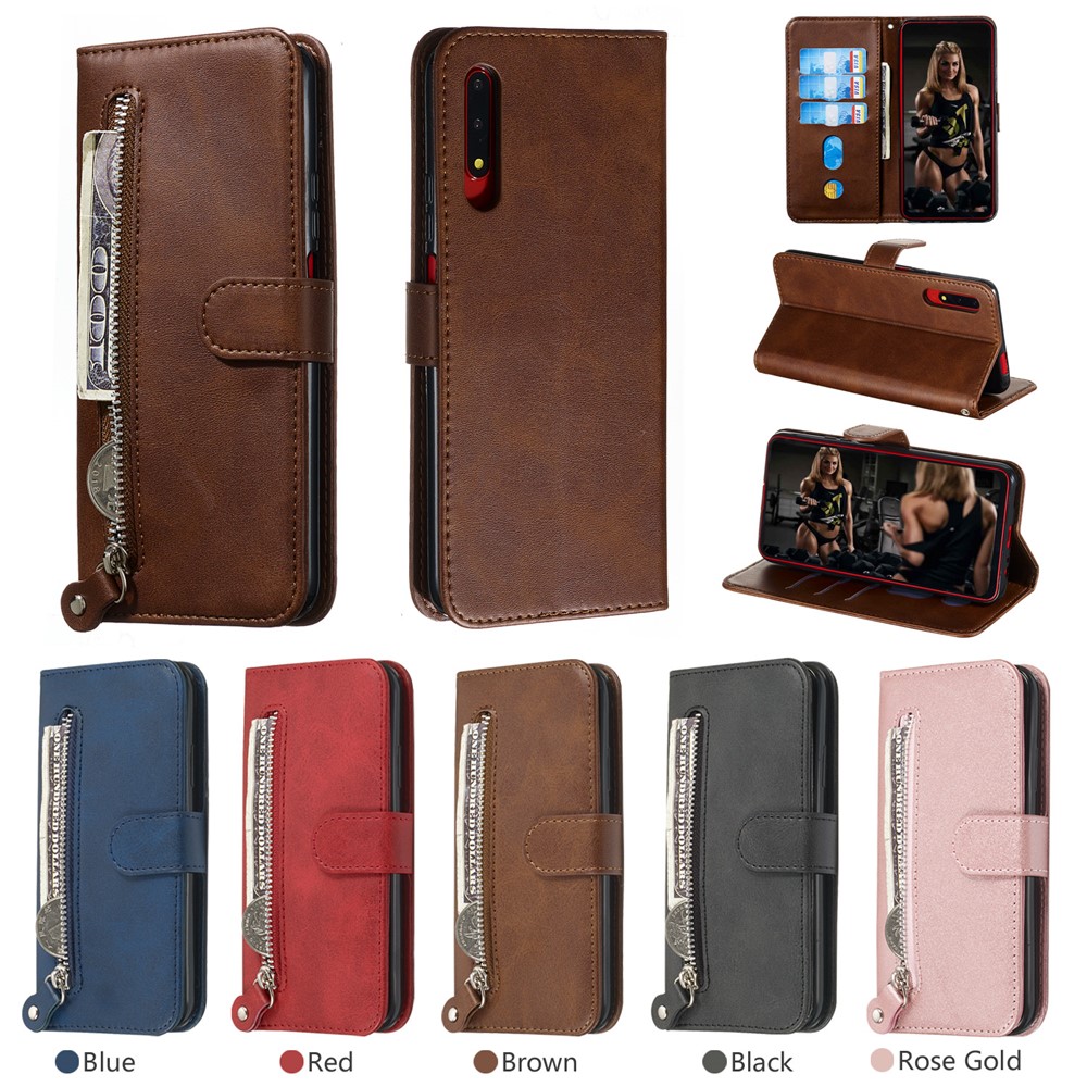 Zipper Pocket Wallet Stand Flip Leather Phone Cover for Huawei Honor 9X Pro/Honor 9X (For China) - Brown-12