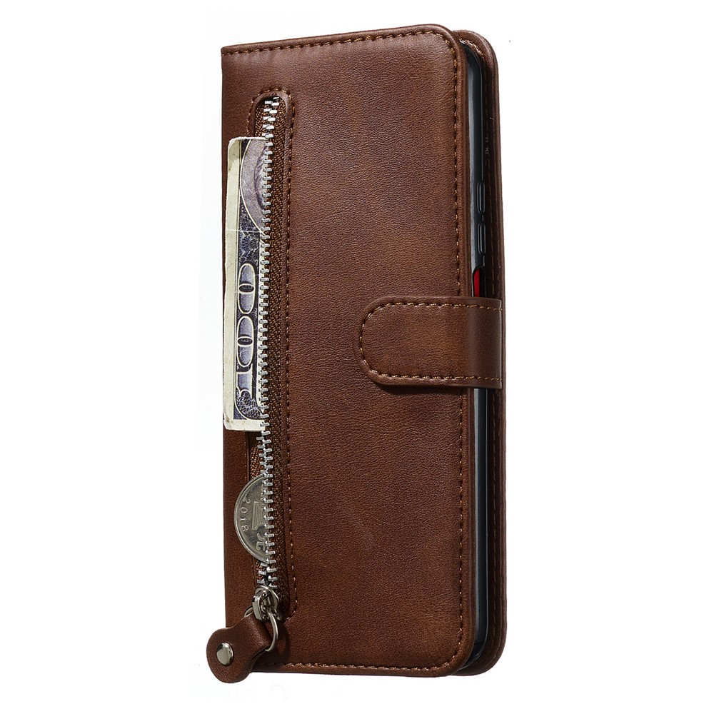 Zipper Pocket Wallet Stand Flip Leather Phone Cover for Huawei Honor 9X Pro/Honor 9X (For China) - Brown-7