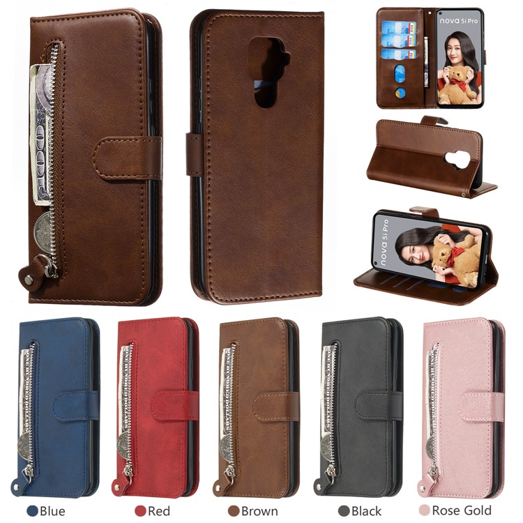 Zipper Pocket Leather Wallet Stand Case for Huawei Mate 30 Lite / nova 5i Pro - Brown-12