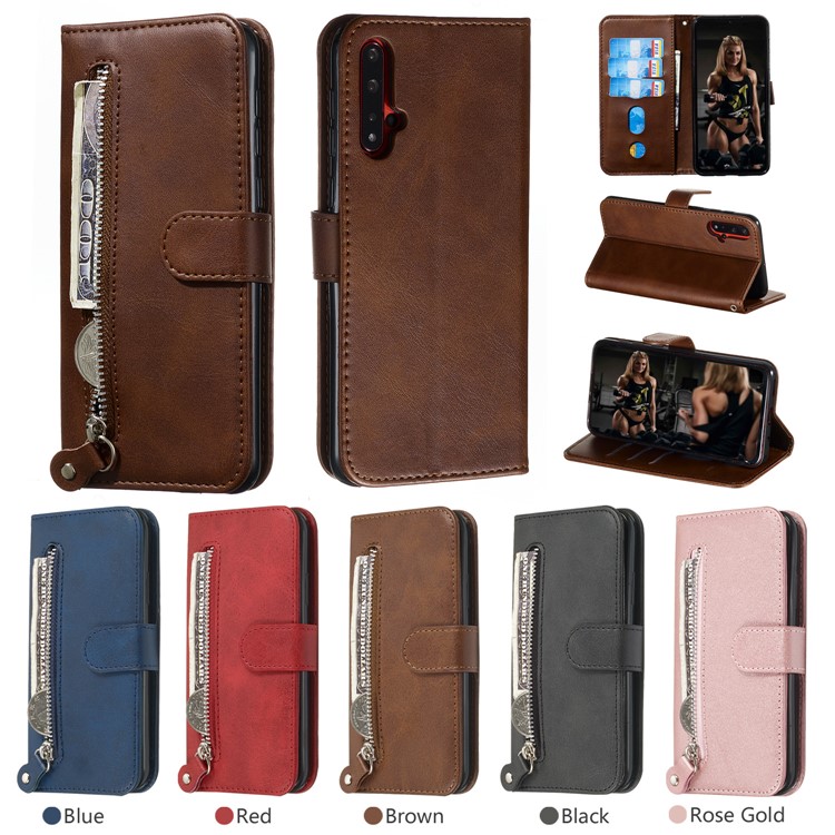 Zipper Pocket Stand Leather Wallet Case for Huawei nova 5 / nova 5 Pro - Brown-12