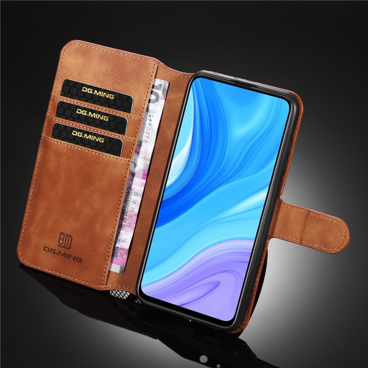 DG.MING Retro Style Leather Wallet Stand Phone Case with Strap for Huawei Enjoy 10s - Brown-8