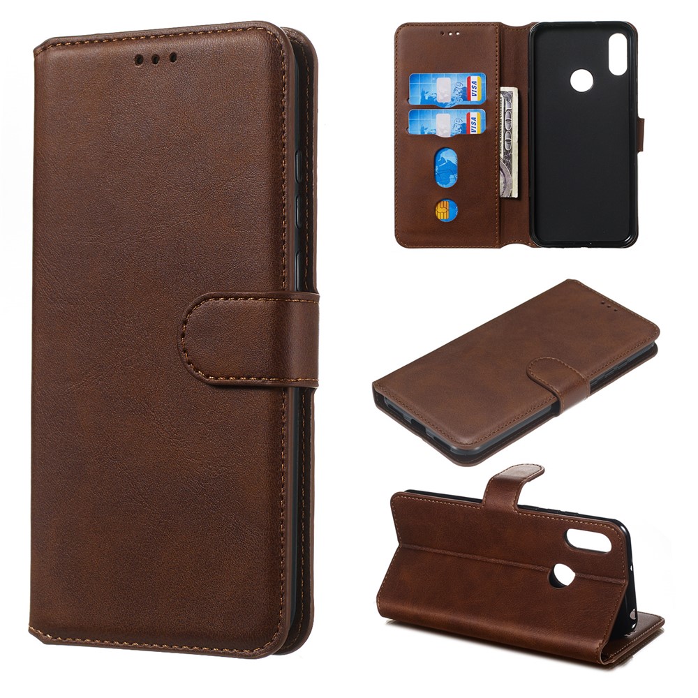 Classic Wallet Leather Stand Phone Protetive Cover Para Huawei Y6 (2019, Com Sensor De Impressão Digital) / Honra 8a - Castanho