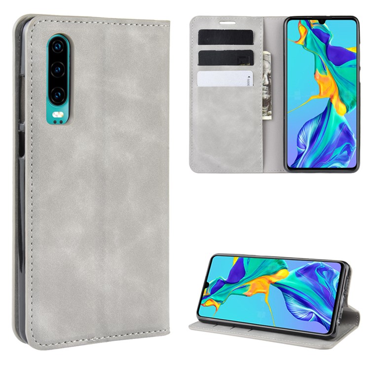 PU Leather Wallet Stand Case for Huawei P30 - Grey-1