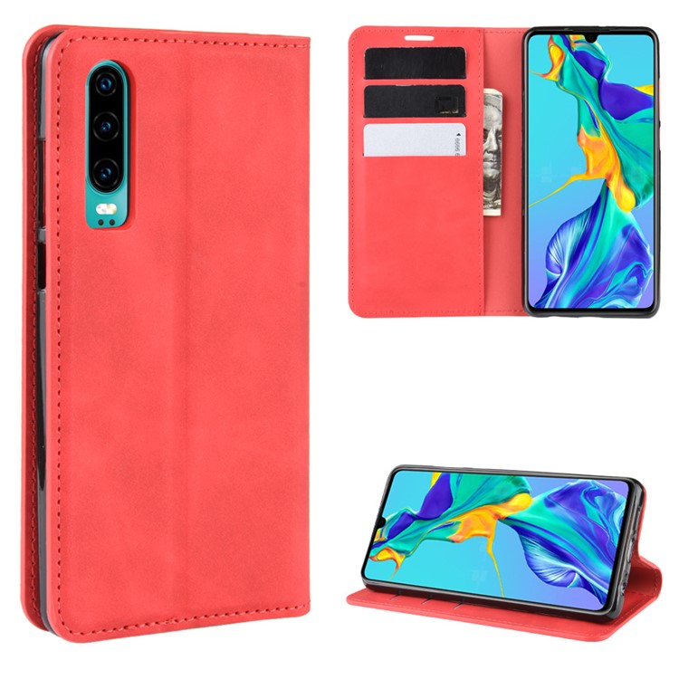 PU Leather Wallet Stand Case for Huawei P30 - Red-1
