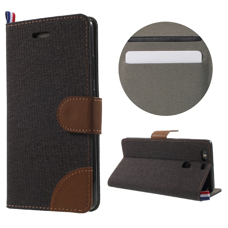 For Huawei P9 Jeans Cloth Leather Case Stand Card Holder - Black-1