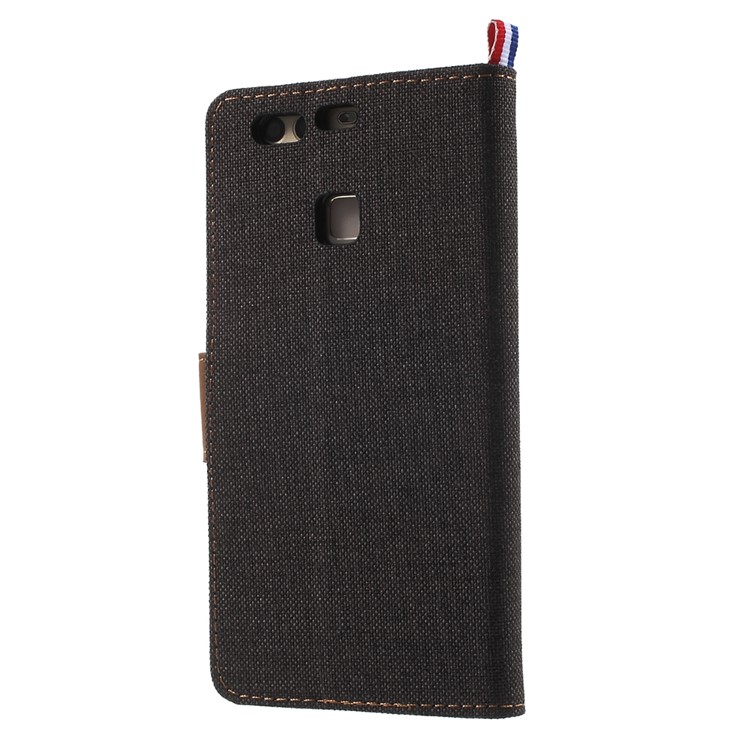 For Huawei P9 Jeans Cloth Leather Case Stand Card Holder - Black-2