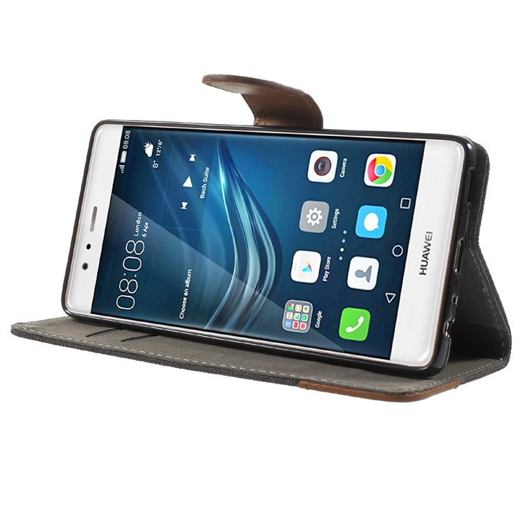 For Huawei P9 Jeans Cloth Leather Case Stand Card Holder - Black-3