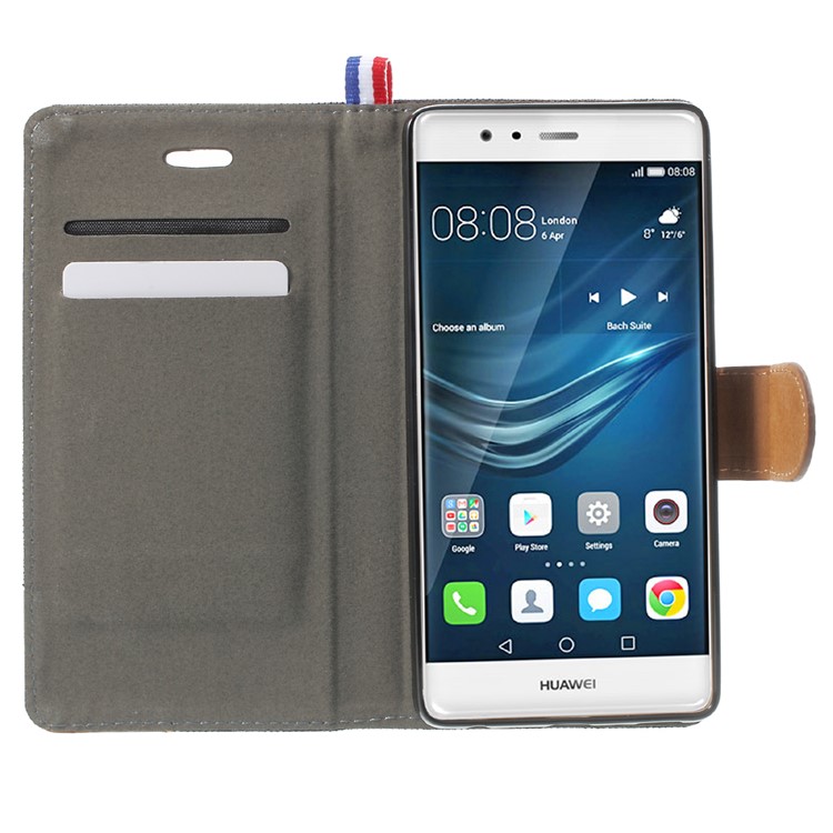 For Huawei P9 Jeans Cloth Leather Case Stand Card Holder - Black-5