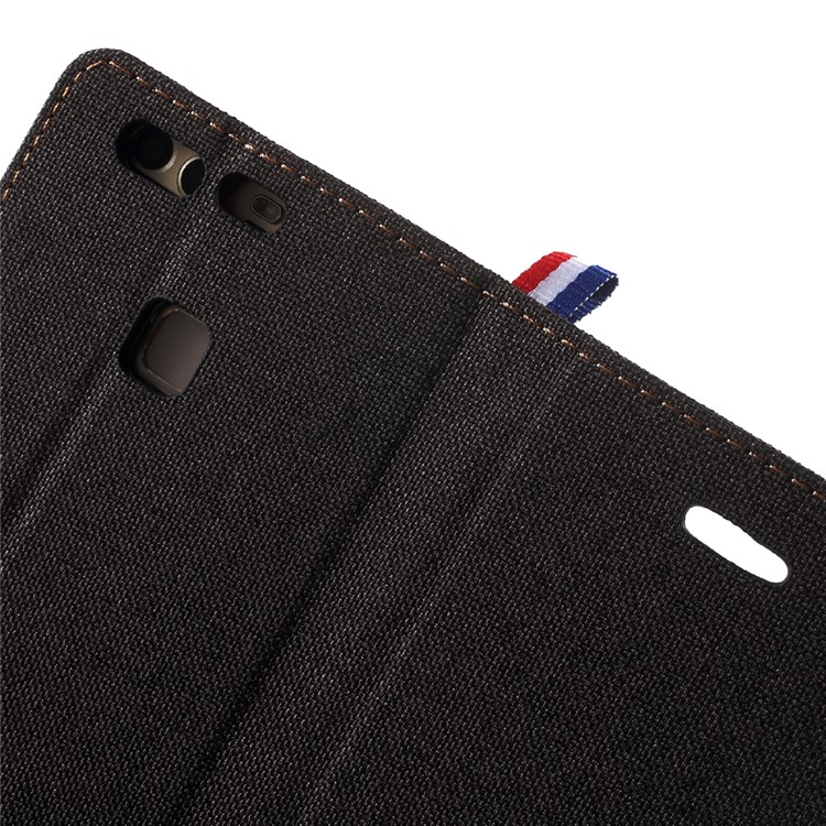 For Huawei P9 Jeans Cloth Leather Case Stand Card Holder - Black-7