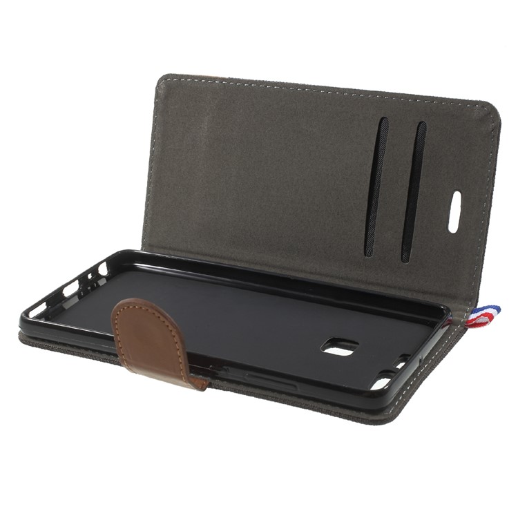 For Huawei P9 Jeans Cloth Leather Case Stand Card Holder - Black-9