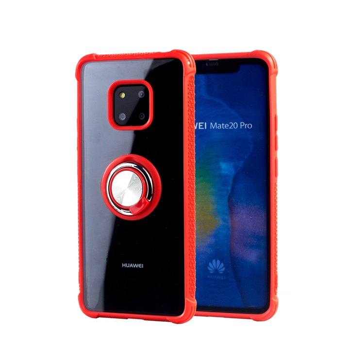 Drop-resistant Anti-slip TPU+Acrylic Phone Ring Holder Case for Huawei Mate 20 Pro - Silver/Red-1