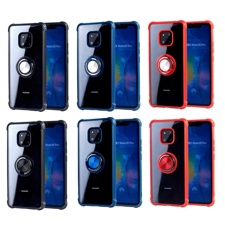 Drop-resistant Anti-slip TPU+Acrylic Phone Ring Holder Case for Huawei Mate 20 Pro - Silver/Red-6