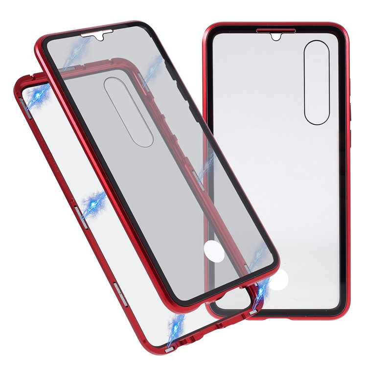 Anti-peep Metal Frame + Tempered Glass Protective Case for Huawei P30 - Red-1