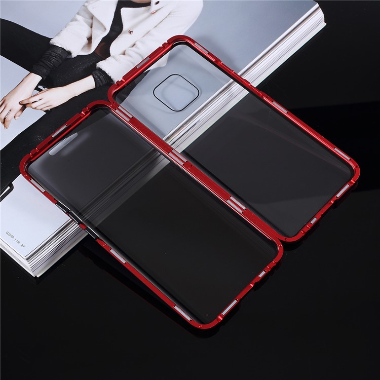 For Huawei Mate 20 Pro Anti-peep Magnetic Metal Frame + Tempered Glass Shell - Red-12