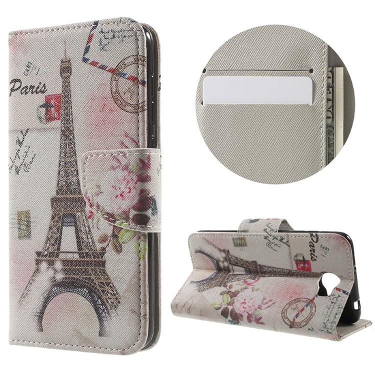 Patterned Leather Cover Card Holder for Huawei Y5II / Y5 II - Postcard Style Eiffel Tower-1