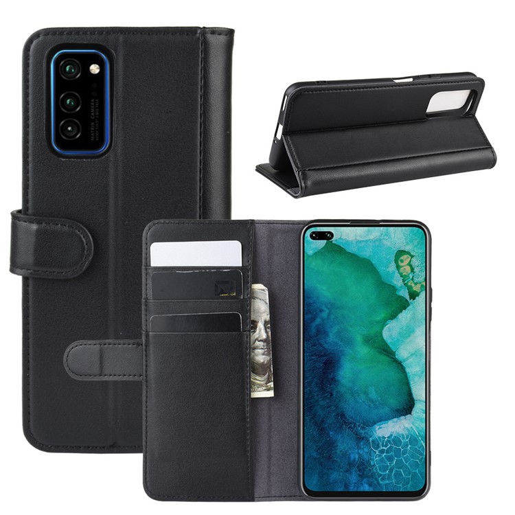 Genuine Split Leather Wallet Stand Phone Case for Huawei Honor View 30/V30/View 30 Pro/V30 Pro - Black-1