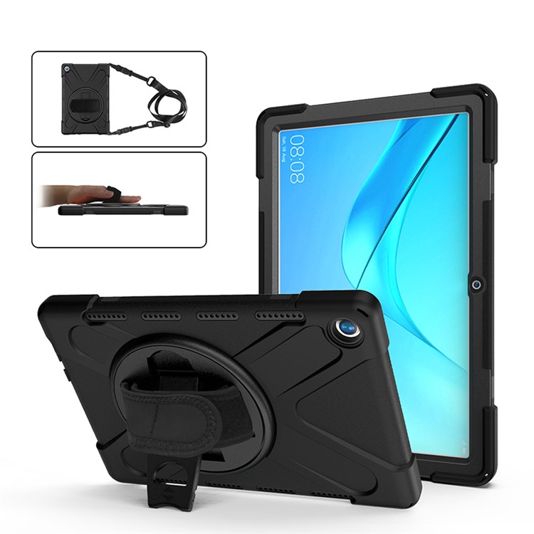 360 ° Schwenkbarer PC + Silikon Combo Kippständer Tablettendispenser Mit Praktischer Schlaufe Und Schultergurt Für Huawei MediaPad M5 10 (10.8" ) - Schwarz-2