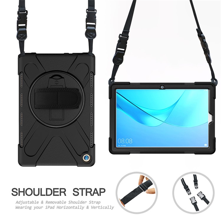 360 ° Schwenkbarer PC + Silikon Combo Kippständer Tablettendispenser Mit Praktischer Schlaufe Und Schultergurt Für Huawei MediaPad M5 10 (10.8" ) - Schwarz-4
