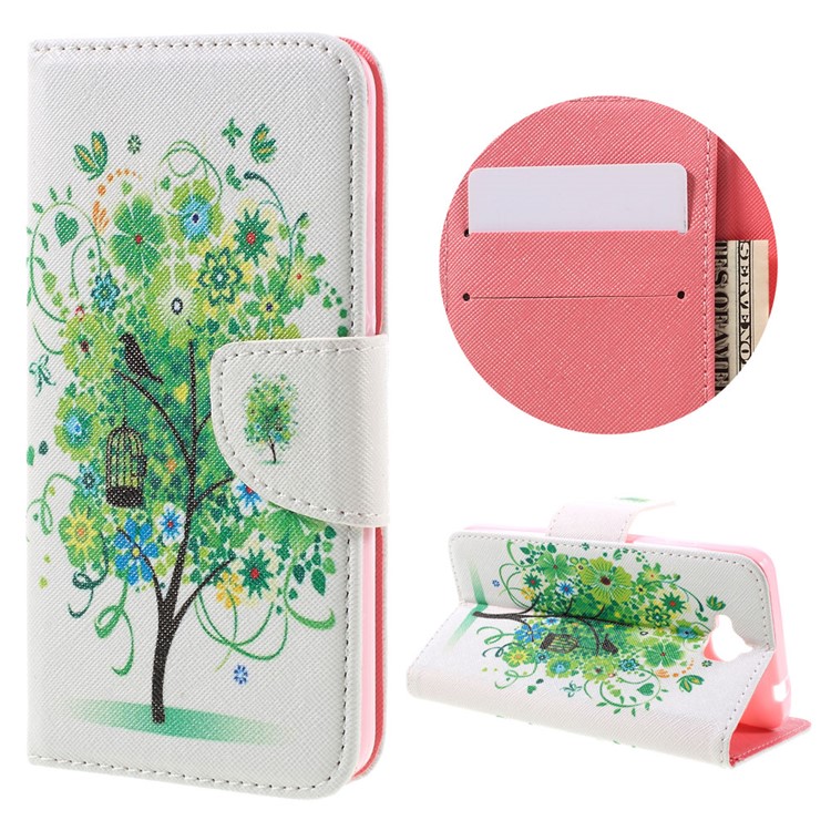 Pattern Printing Leather Wallet Stand Shell for Huawei Y6 Pro / Enjoy 5 - Green Flowers Tree and Bird-1