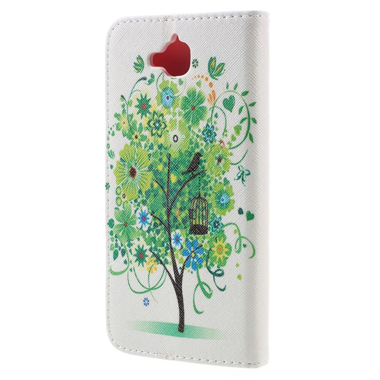 Pattern Printing Leather Wallet Stand Shell for Huawei Y6 Pro / Enjoy 5 - Green Flowers Tree and Bird-2