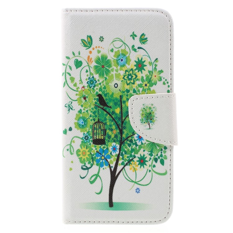 Pattern Printing Leather Wallet Stand Shell for Huawei Y6 Pro / Enjoy 5 - Green Flowers Tree and Bird-3