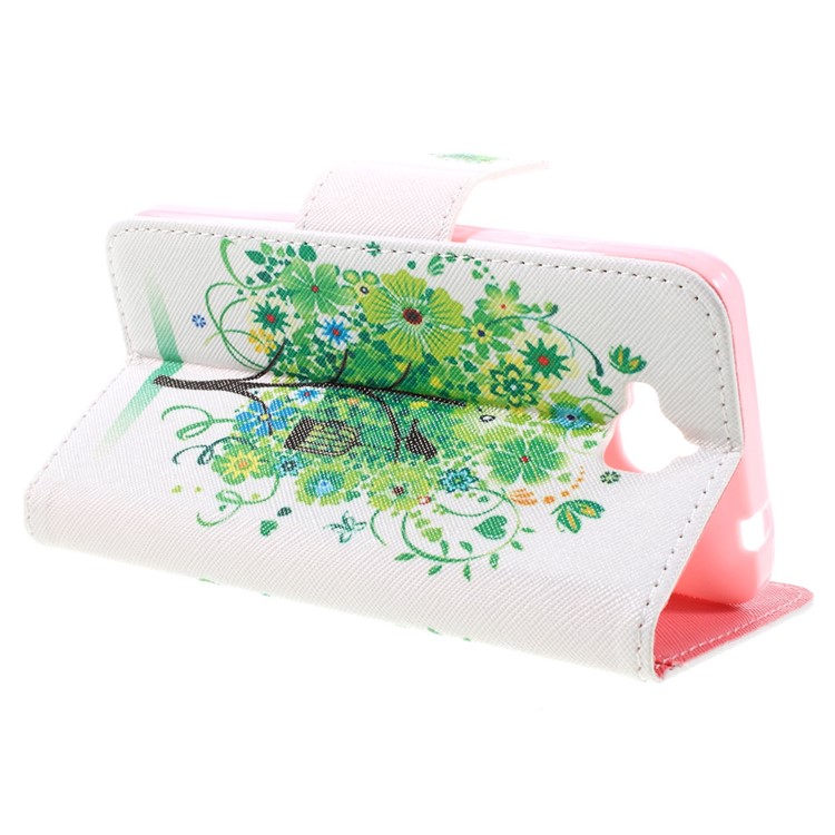 Pattern Printing Leather Wallet Stand Shell for Huawei Y6 Pro / Enjoy 5 - Green Flowers Tree and Bird-7