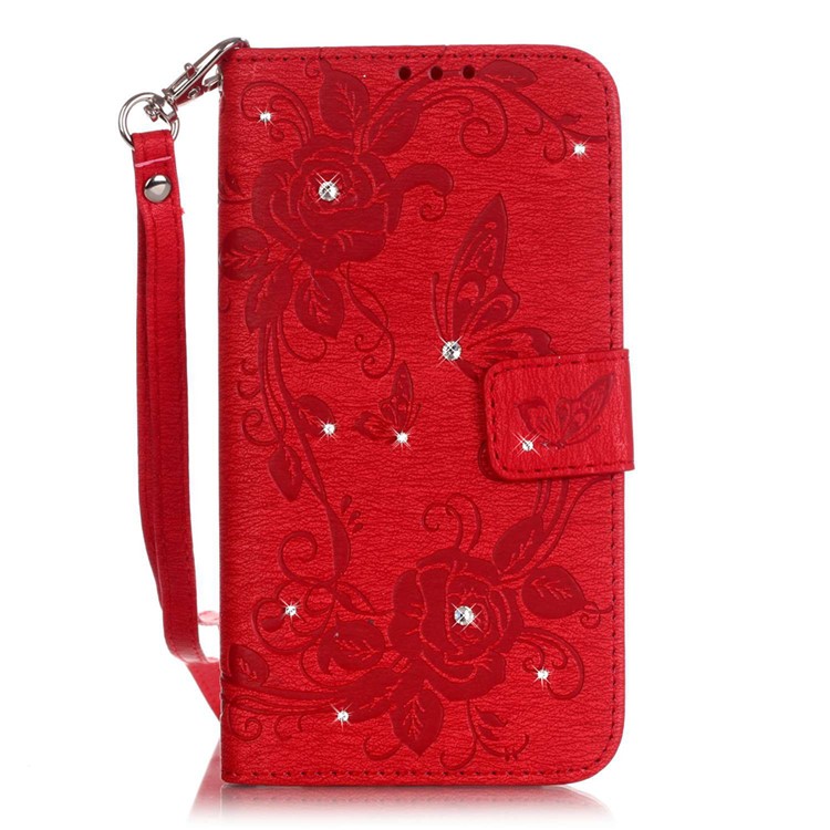 Butterfly Flower Rhinestones Leather Wallet Shell for Huawei P9 Lite/G9 Lite - Red-1