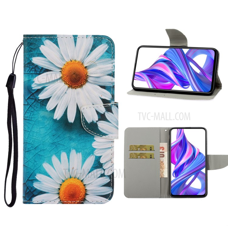 Pattern Printing Leather Wallet Case for Huawei Honor 9X (For China) / 9X Pro - White Flowers-1