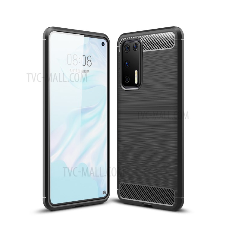 Shockproof Carbon Fiber Skin Brushed TPU Shell for Huawei P40 - Black