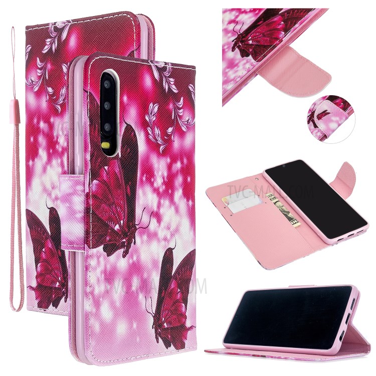 Pattern Printing Cross Texture Leather Wallet Stand Case for Huawei P30 - Butterflies-1