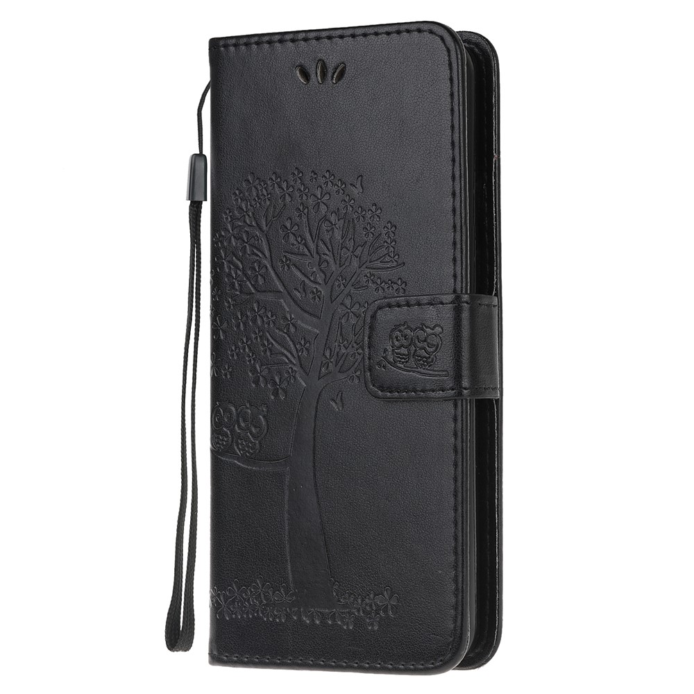 For Huawei P40 Lite Imprint Tree Owl Leather Wallet Stand Shell - Black-2