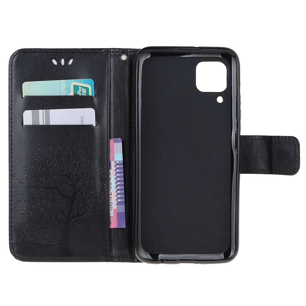 For Huawei P40 Lite Imprint Tree Owl Leather Wallet Stand Shell - Black-5