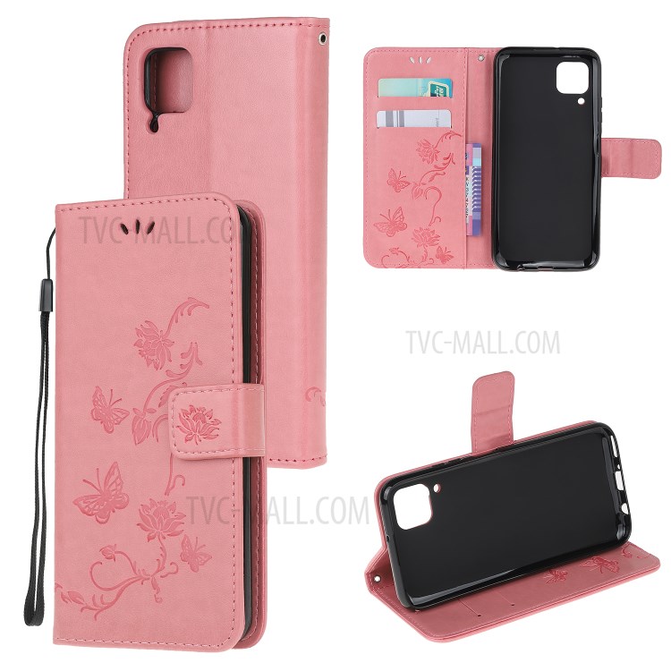 Imprint Butterfly Flower Wallet Leather Cover for Huawei P40 Lite/nova 7i/nova 6 SE - Pink-1