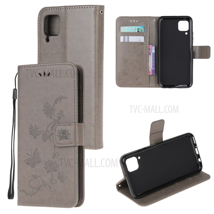 Imprint Butterfly Flower Wallet Leather Cover for Huawei P40 Lite/nova 7i/nova 6 SE - Grey-1