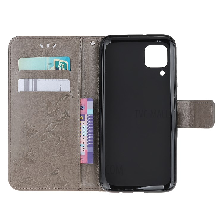 Imprint Butterfly Flower Wallet Leather Cover for Huawei P40 Lite/nova 7i/nova 6 SE - Grey-5