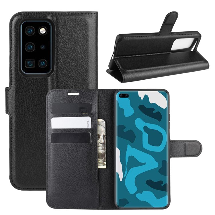 Litchi Texture Leather Wallet Stand Case Phone Shell for Huawei P40 Pro - Black-1