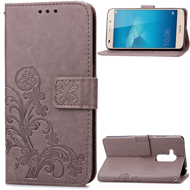 Imprinted Four-leaf Clovers Leather Stand Cover for Huawei Honor 5c / GT3 - Grey-1