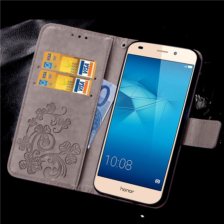 Imprinted Four-leaf Clovers Leather Stand Cover for Huawei Honor 5c / GT3 - Grey-10