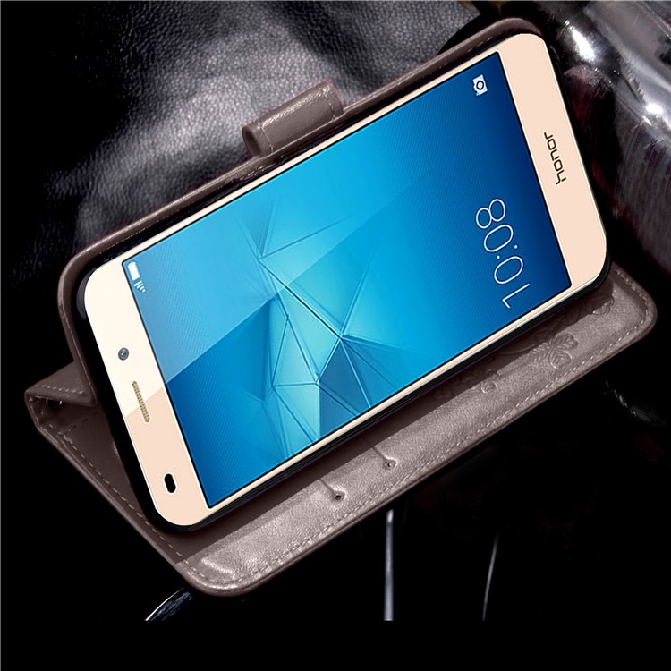 Imprinted Four-leaf Clovers Leather Stand Cover for Huawei Honor 5c / GT3 - Grey-11