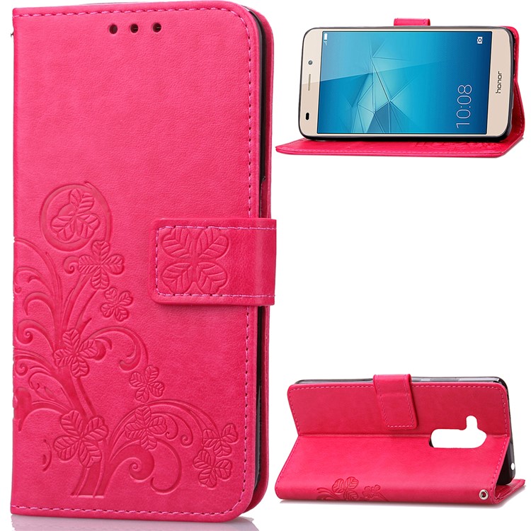 Imprinted Four-leaf Clovers Leather Wallet Case for Huawei Honor 5c / GT3 - Rose-1