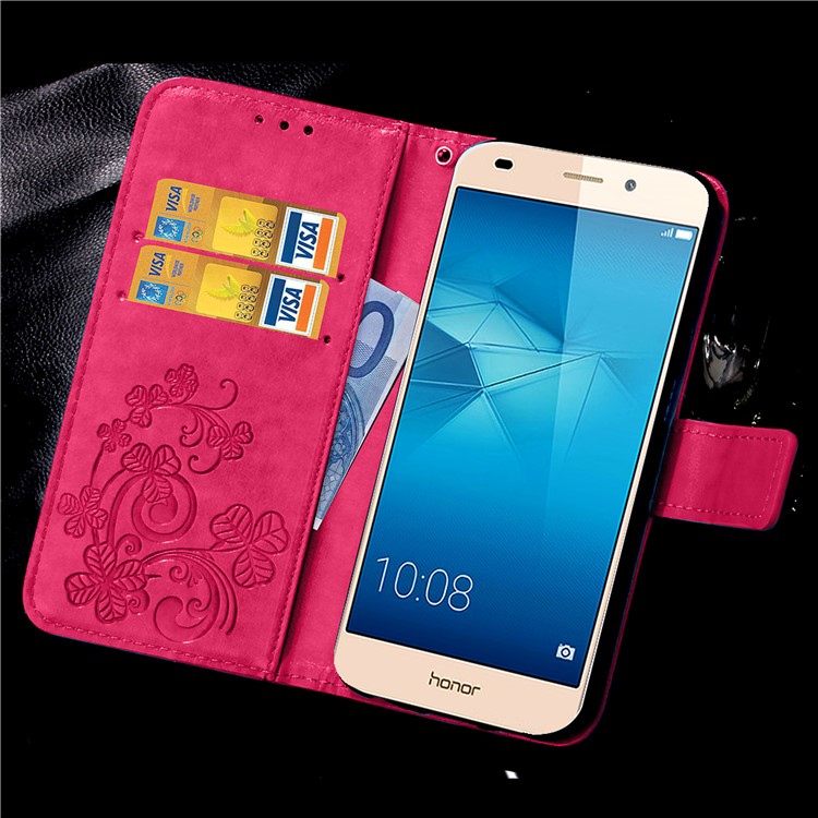 Imprinted Four-leaf Clovers Leather Wallet Case for Huawei Honor 5c / GT3 - Rose-10