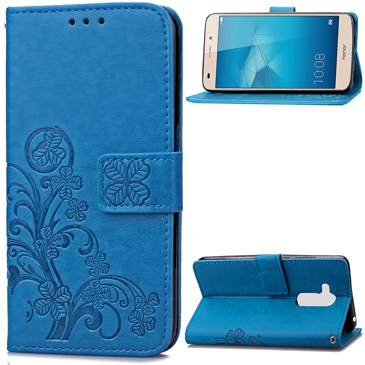 Imprinted Four-leaf Clovers Leather Wallet Cover for Huawei Honor 5c / GT3 - Blue-1