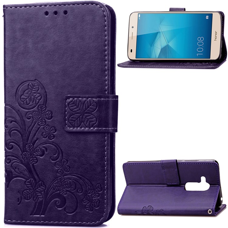 Imprinted Four-leaf Clovers Leather Flip Case for Huawei Honor 5c / GT3 - Purple-1