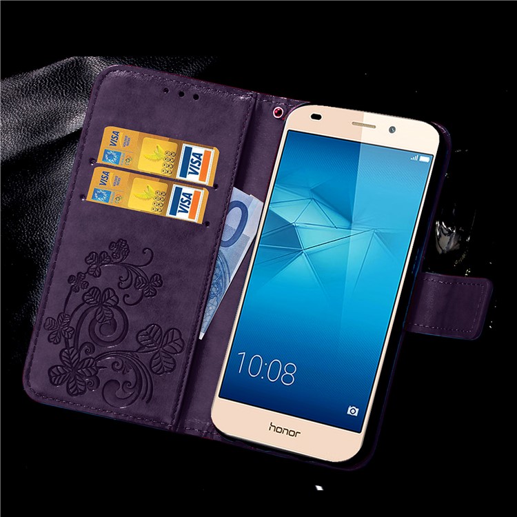Imprinted Four-leaf Clovers Leather Flip Case for Huawei Honor 5c / GT3 - Purple-14